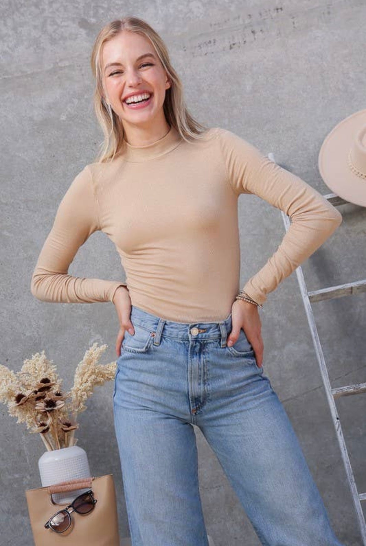 Taupe Turtle Neck Ribbed Knit Top