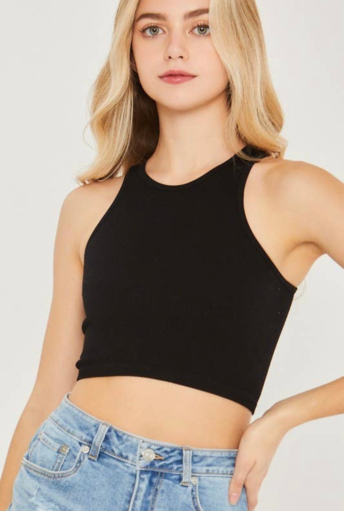 Black Knit Solid Cropped Seamless Tank Top